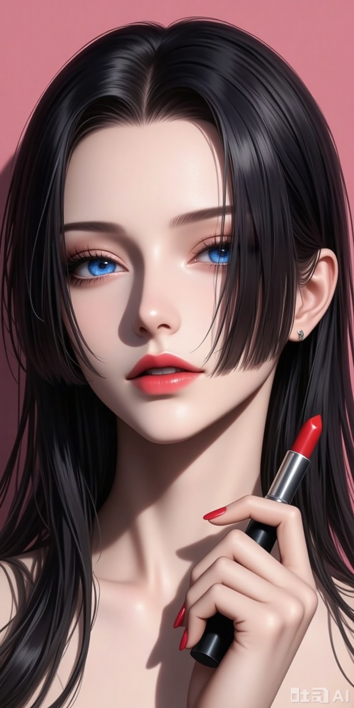 nvdi,lvjing,lvjing,baoshi, black hair,long hair,blue eyes,fair_skin, 
1girl, solo, one eye closed, realistic,  portrait, short hair, looking at viewer, makeup, lips, lipstick, black hair, holding, simple background, cosmetics, photorealistic, parted lips, teeth, red lips, applying makeup, brown hair, lipstick tube,
pink_background,simple background,shadow