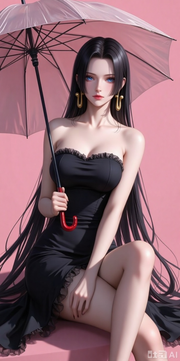 nvdi,lvjing,lvjing,baoshi, black hair,long hair,blue eyes,fair_skin, 
1girl,red footwear,breasts,dress,strapless,crossed legs,holding,high heels,black dress,strapless dress,twintails,bare shoulders,umbrella,sitting,frilled dress,frills,solo,legs,large breasts,holding umbrella,bare arms,bare legs,collarbone,thighs,short dress,25,
pink_background,simple background,