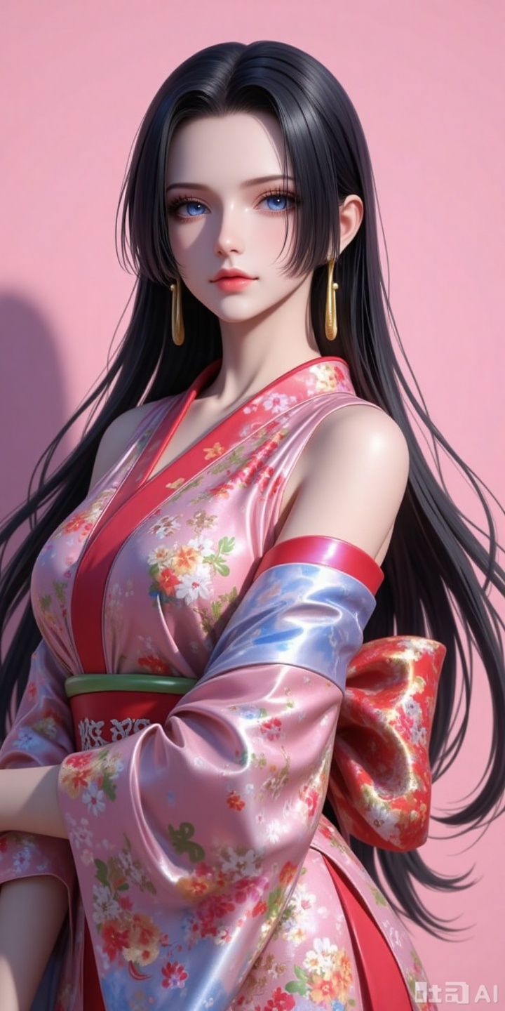 nvdi,lvjing,lvjing,baoshi, black hair,long hair,blue eyes,fair_skin, 
big eyes,Neon color,film collage,3D mystery,CAD,3D rendering,resin material,soft color,model,delicate gloss,clean background,rendering,best quality,ultimate studio light,3DIP,3D,
A young girl stands gracefully, adorned in a traditional sleeveless kimono that accentuates her upper body. The delicate fabric of the kimono flows effortlessly around her, enhancing her youthful elegance. The vibrant colors and intricate patterns of the garment contrast beautifully with her soft, porcelain skin, making her appear as though she has stepped straight out of a classical Japanese painting. Her hair is styled in a simple yet elegant manner, allowing the focus to remain on the stunning kimono. She exudes an air of tranquility and tradition, perfectly embodying the timeless beauty of Japanese culture.
pink_background,simple background,shadow,delicate gloss,3D rendering,