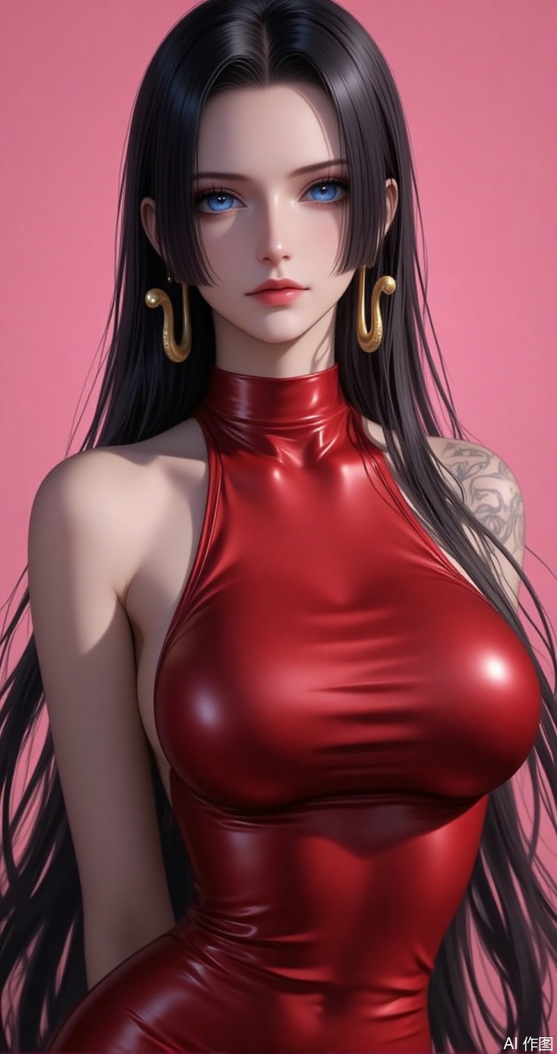 nvdi,lvjing,lvjing,baoshi,
black hair,long hair,blue eyes,fair_skin,
1girl, breasts, dress, solo, large breasts, red dress, tattoo, sideboob, sleeveless, shiny clothes, bare shoulders, tight dress, arm up, collarbone, sleeveless dress, taut clothes, taut dress, impossible dress, arm behind back, pink background,3
