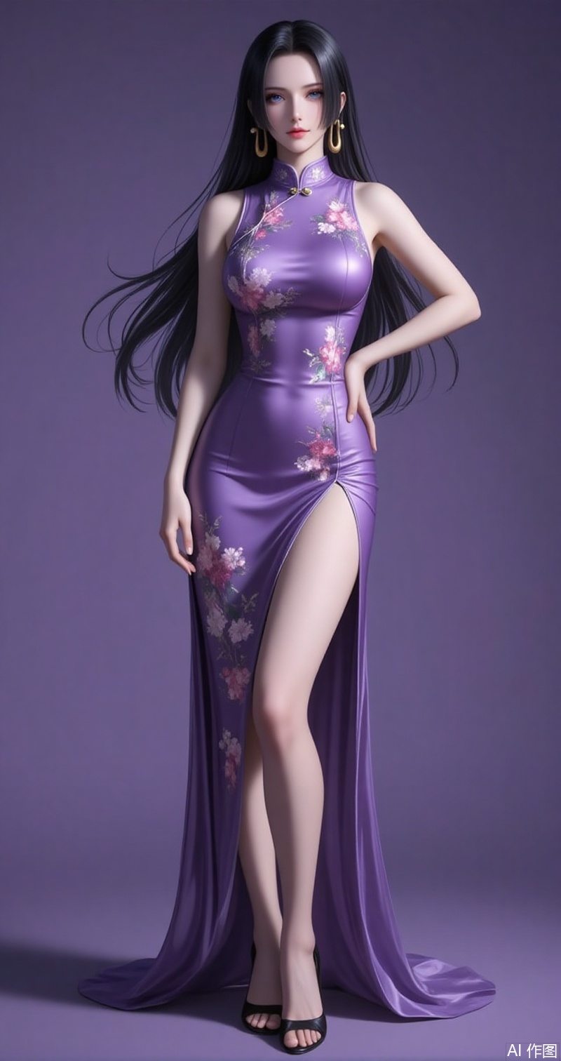 nvdi,lvjing,lvjing,baoshi,
black hair,long hair,blue eyes,fair_skin,
1girl, breasts, dress, solo, high heels, china dress, chinese clothes, earrings, purple background, jewelry, full body, hand on own hip, purple dress, large breasts, side slit, black footwear, sideboob, standing, sleeveless, legs, floral print, bare legs,26