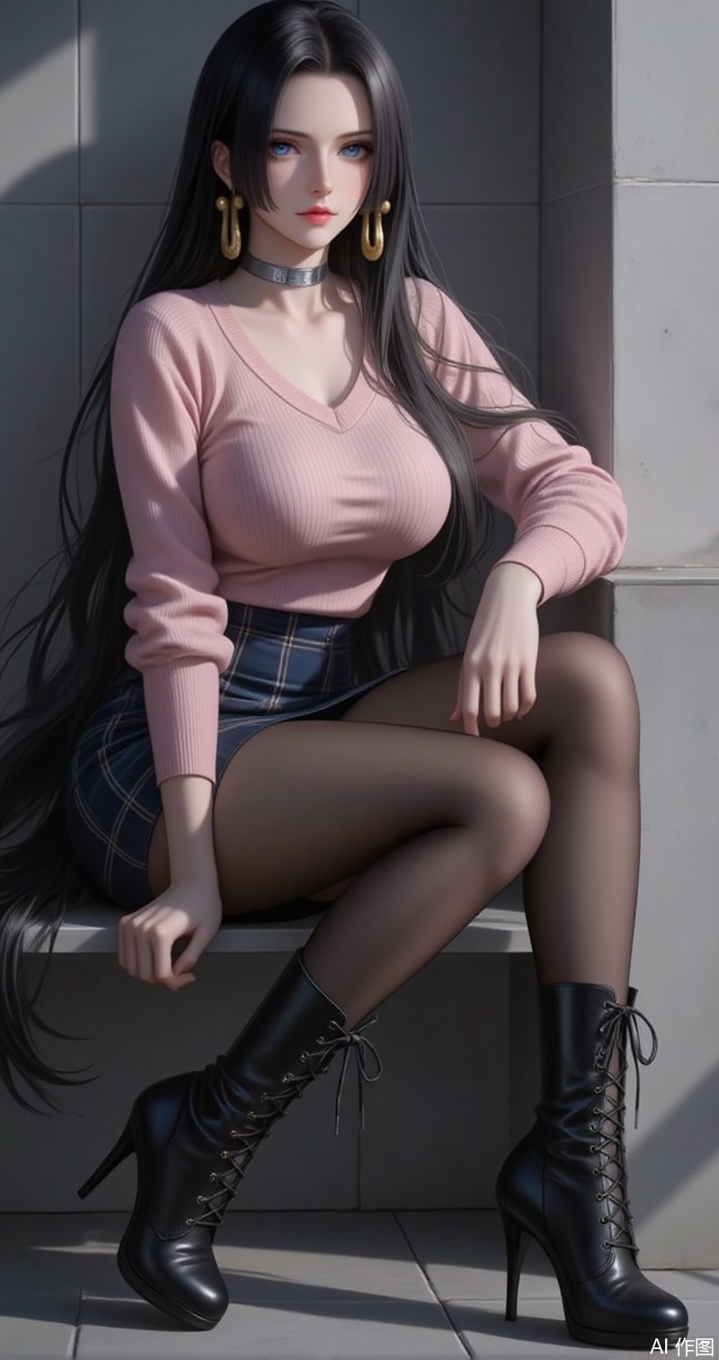 nvdi,lvjing,lvjing,baoshi,
black hair,long hair,blue eyes,fair_skin,
1girl, breasts, pantyhose, solo, boots, skirt, large breasts, sitting, black footwear, high heels, plaid skirt, plaid, high heel boots, collarbone, long sleeves, sweater, cross-laced footwear, full body, taut clothes, brown pantyhose, pink sweater, black pantyhose, miniskirt, black skirt, lace-up boots, arm support, thighs, tiles, pink shirt, high-waist skirt, sidelocks, blue skirt, legs,28