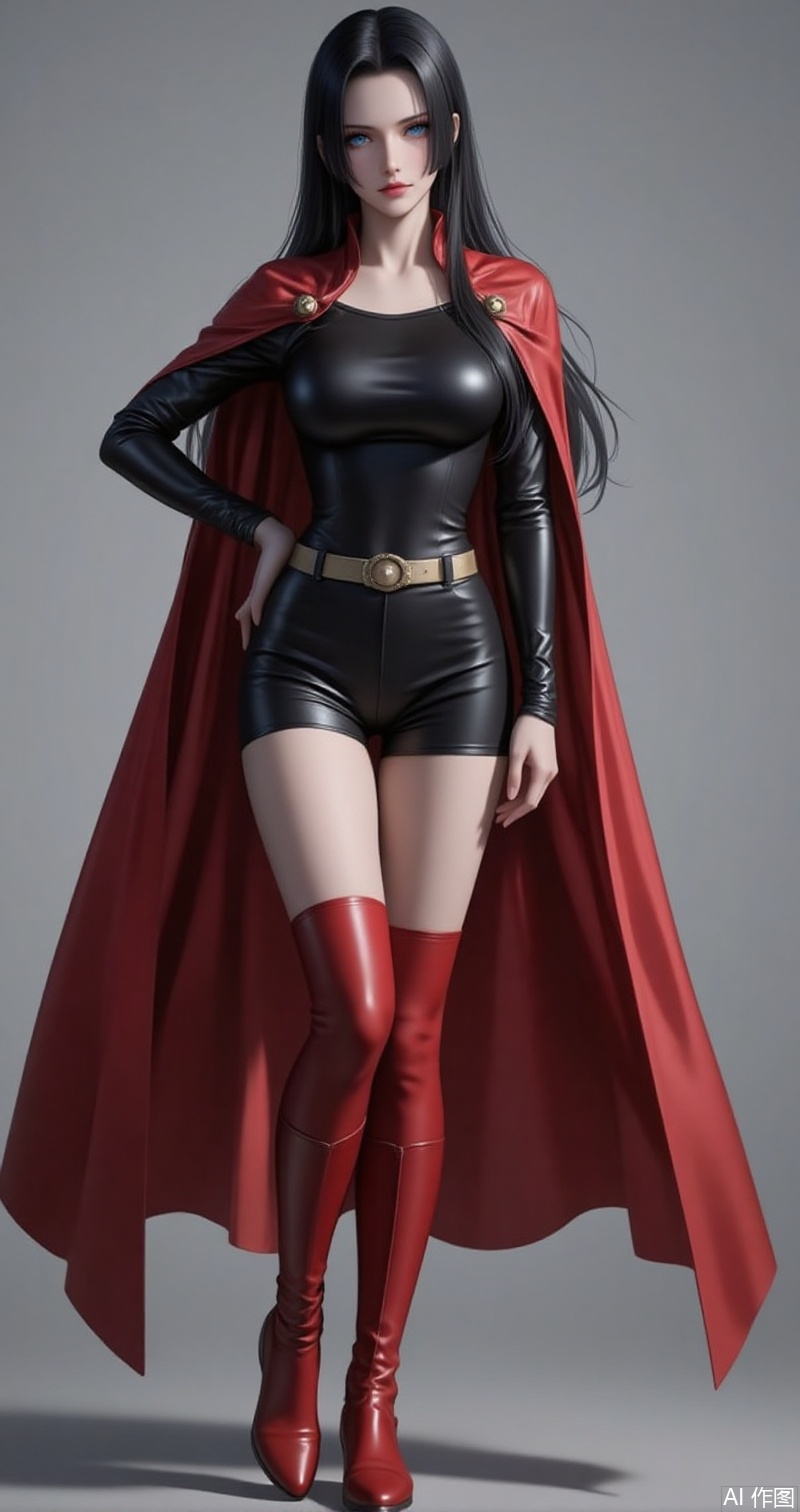 nvdi,lvjing,lvjing,baoshi,
black hair,long hair,blue eyes,fair_skin,
1girl, thighhighs, solo, breasts, cape, full body, boots, hand on own hip, skin tight, red cape, long sleeves, shorts, superhero, red footwear, shiny clothes, black thighhighs, covered navel, simple background, skindentation, belt, standing, lips, leotard, impossible clothes, large breasts, grey background, short shorts, tohsaka rin, thighs, taut clothes,4