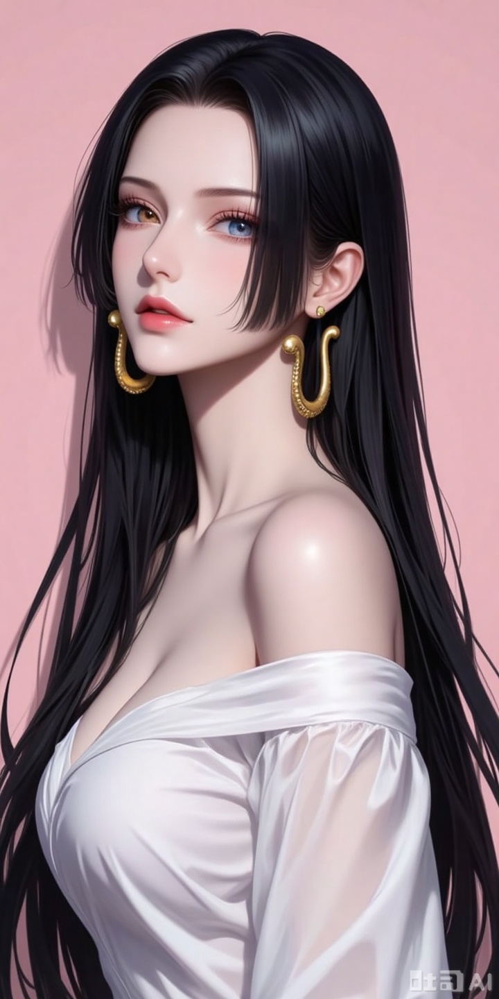 nvdi,lvjing,lvjing,baoshi, black hair,long hair,blue eyes,fair_skin, 
1girl, solo, jewelry, earrings, long hair, looking at viewer, realistic, black hair, hoop earrings, upper body, off shoulder, lips, bare shoulders, shirt, brown eyes, off-shoulder shirt, pink background, white shirt, from side, simple background, looking to the side,
pink_background,simple background,shadow