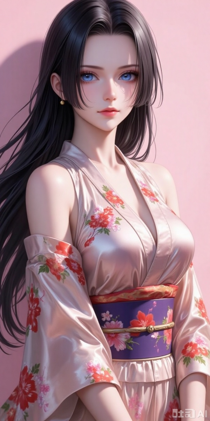 nvdi,lvjing,lvjing,baoshi, black hair,long hair,blue eyes,fair_skin, 
A young girl stands gracefully, adorned in a traditional sleeveless kimono that accentuates her upper body. The delicate fabric of the kimono flows effortlessly around her, enhancing her youthful elegance. The vibrant colors and intricate patterns of the garment contrast beautifully with her soft, porcelain skin, making her appear as though she has stepped straight out of a classical Japanese painting. Her hair is styled in a simple yet elegant manner, allowing the focus to remain on the stunning kimono. She exudes an air of tranquility and tradition, perfectly embodying the timeless beauty of Japanese culture.
pink_background,simple background,shadow,delicate gloss,3D rendering,