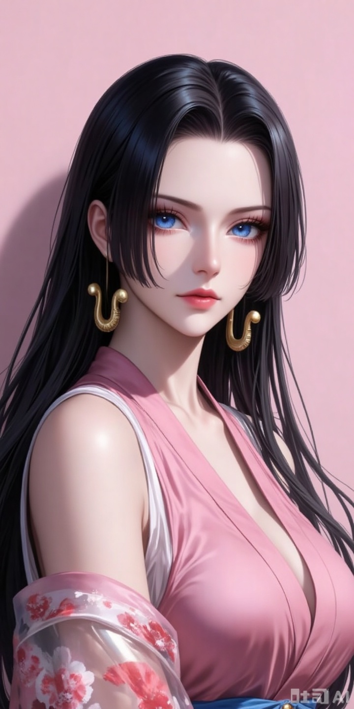 nvdi,lvjing,lvjing,baoshi, black hair,long hair,blue eyes,fair_skin, 
1girl,upper_body,sleeveless_kimono,
pink_background,simple background,shadow