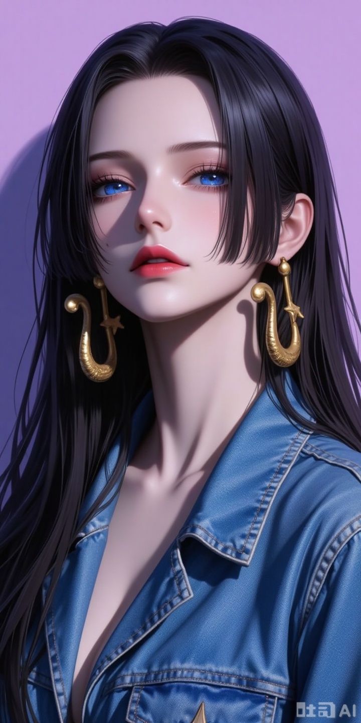 nvdi,lvjing,lvjing,baoshi, black hair,long hair,blue eyes,fair_skin, 
1girl, solo, earrings, jewelry, denim jacket, long hair, k-pop, star \(symbol\), mole, looking at viewer, realistic, black hair, denim, red lips, jacket, mole under eye, blue jacket, upper body, shadow, black eyes, purple background, blue background, makeup, head tilt, star earrings, brown hair,19
pink_background,simple background,shadow