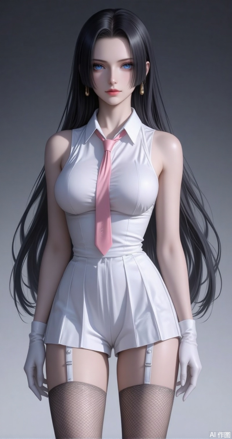 nvdi,lvjing,lvjing,baoshi,
black hair,long hair,blue eyes,fair_skin,
1girl, solo, gloves, thighhighs, necktie, dress, white gloves, breasts, white dress, sleeveless, garter straps, fishnet thighhighs, pink necktie, sleeveless dress, short dress, fishnets, bare shoulders, large breasts, white thighhighs, collared dress, zettai ryouiki, standing, arms at sides, gradient background, simple background, pleated dress,21