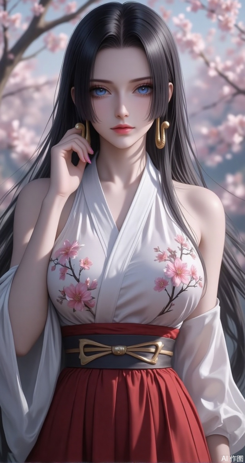 nvdi,lvjing,lvjing,baoshi,
black hair,long hair,blue eyes,fair_skin,
1girl, breasts, solo, sideboob, detached sleeves, large breasts, japanese clothes, wide sleeves, cherry blossoms, bare shoulders, jewelry, floral print, blurry, earrings, sleeveless, pink nails, blurry background, long sleeves, white sleeves, sash, skirt, hand up, nontraditional miko, red skirt, obi, branch,9