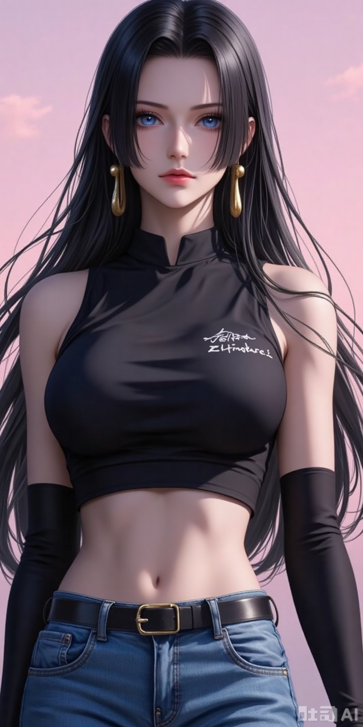 nvdi,lvjing,lvjing,baoshi, black hair,long hair,blue eyes,fair_skin, 
1girl, breasts, bare shoulders, navel, belt, crop top, midriff, large breasts, solo, shirt, pants, clothes writing, stomach, black shirt, outdoors, denim, taut clothes, black belt, blue pants, sleeveless, sky, elbow gloves, gloves, jeans, signature, buckle, sleeveless shirt,11
pink_background,simple background,