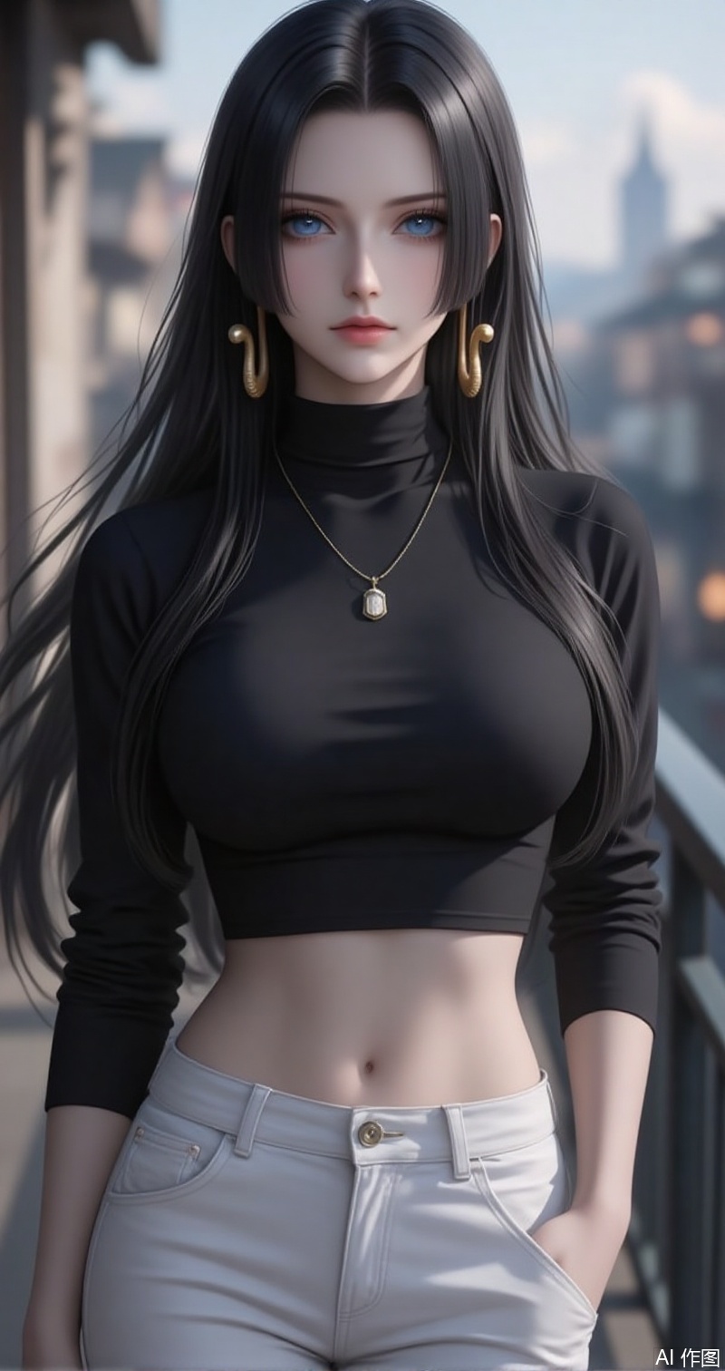 nvdi,lvjing,lvjing,baoshi,
black hair,long hair,blue eyes,fair_skin,
1girl, breasts, navel, solo, pants, midriff, crop top, jewelry, necklace, large breasts, long sleeves, black shirt, white pants, shirt, hand in pocket, taut clothes, taut shirt, turtleneck, blurry background, blurry, outdoors, railing, cowboy shot, standing, stomach, short hair, tight clothes, pendant,33