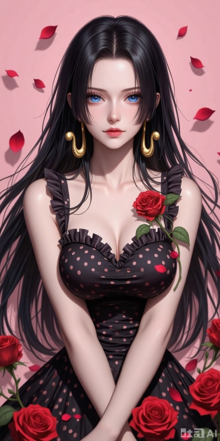 nvdi,lvjing,lvjing,baoshi, black hair,long hair,blue eyes,fair_skin, 
1girl, breasts, solo, polka dot, flower, dress, rose, polka dot dress, red flower, armpits, petals, red rose, arms up,  sleeveless, frills, rose petals,
pink_background,simple background,shadow