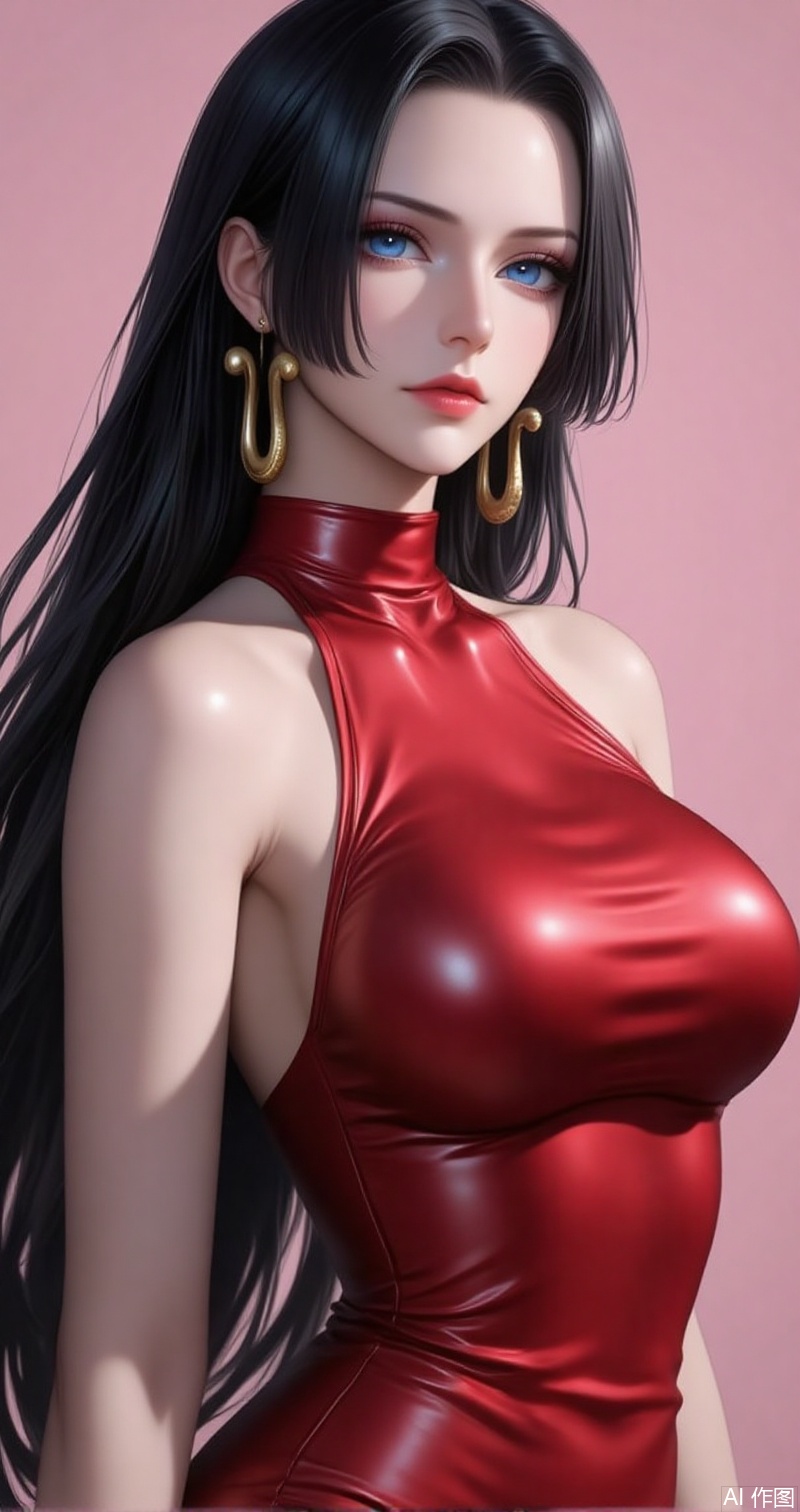 nvdi,lvjing,lvjing,baoshi,
black hair,long hair,blue eyes,fair_skin,
1girl, breasts, dress, solo, large breasts, red dress, tattoo, sideboob, sleeveless, shiny clothes, bare shoulders, tight dress, arm up, collarbone, sleeveless dress, taut clothes, taut dress, impossible dress, arm behind back, pink background,3
