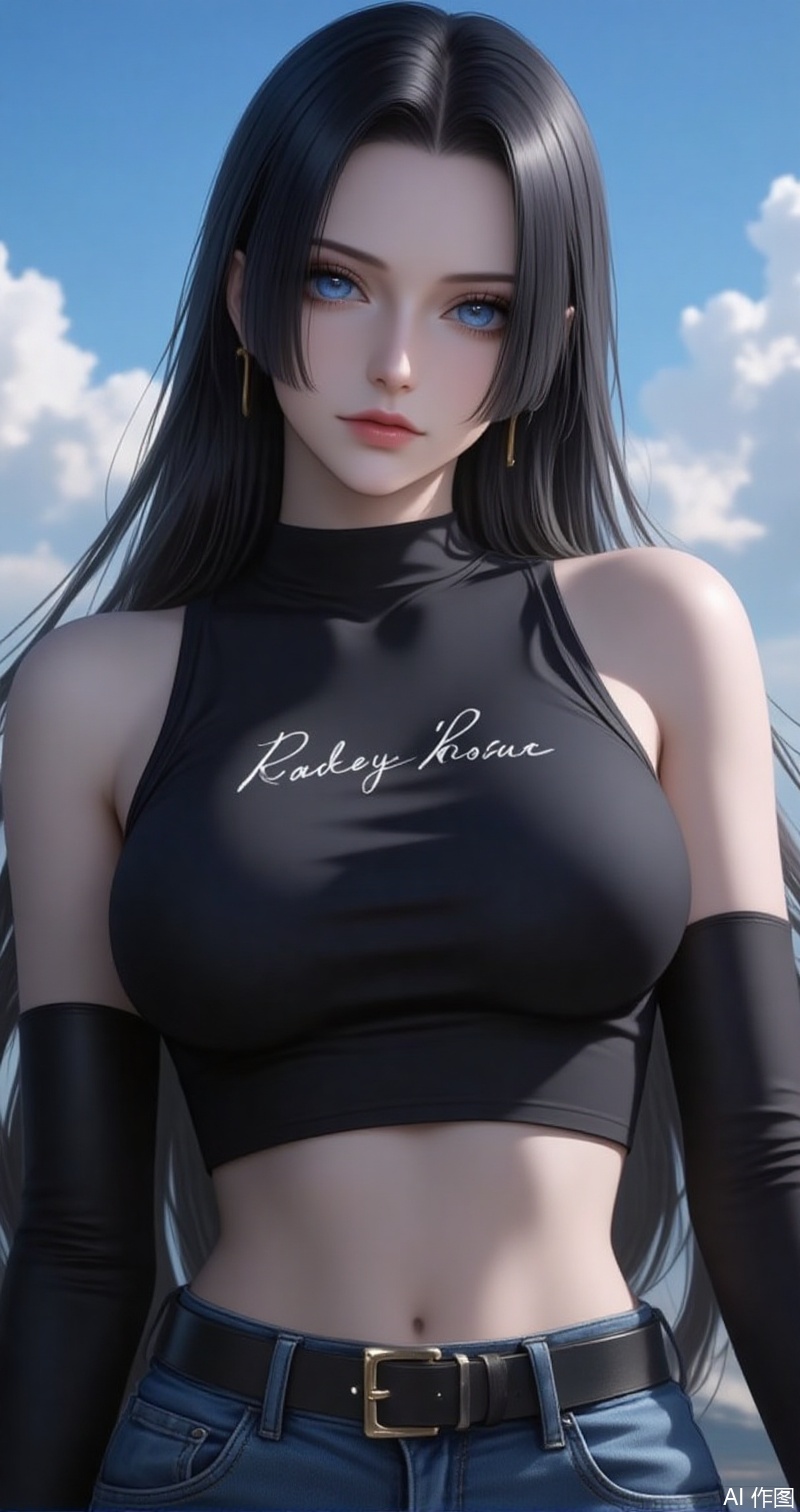 nvdi,lvjing,lvjing,baoshi,
black hair,long hair,blue eyes,fair_skin,
1girl, breasts, bare shoulders, navel, belt, crop top, midriff, large breasts, solo, shirt, pants, clothes writing, stomach, black shirt, outdoors, denim, taut clothes, black belt, blue pants, sleeveless, sky, elbow gloves, gloves, jeans, signature, buckle, sleeveless shirt,11