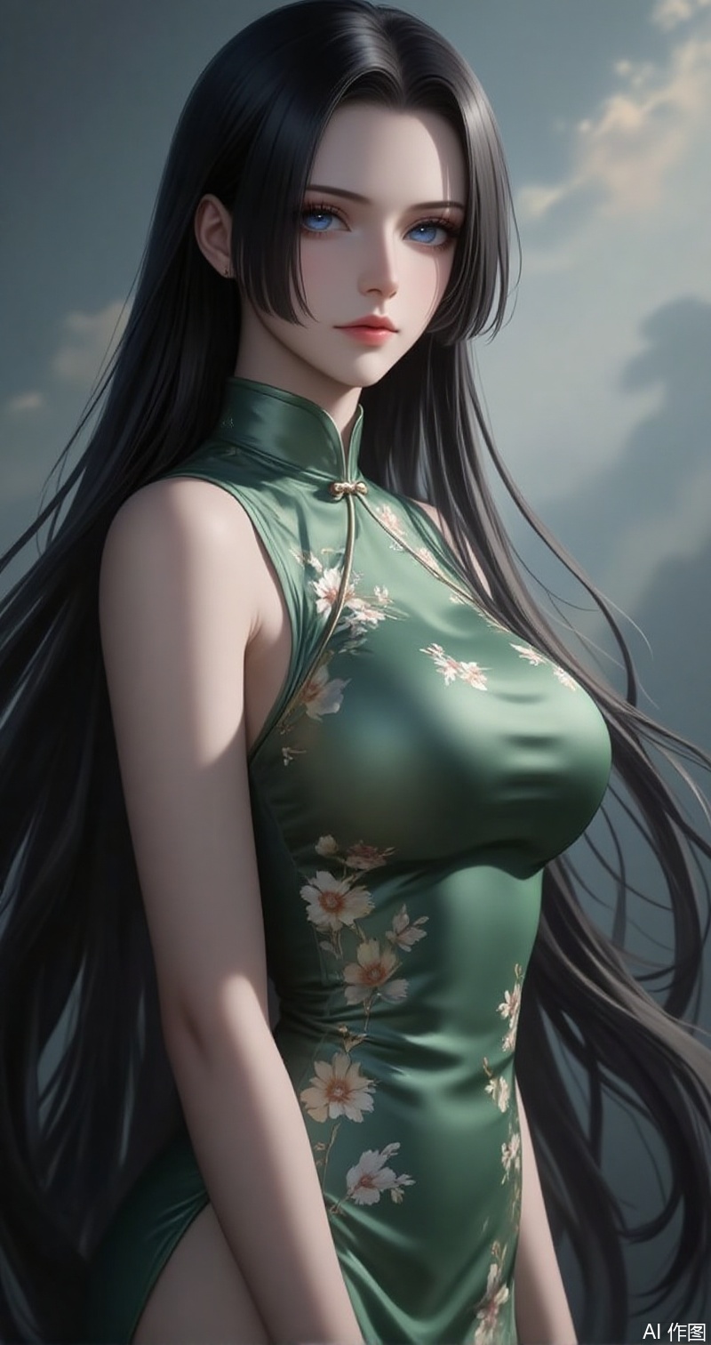 nvdi,lvjing,lvjing,baoshi,
black hair,long hair,blue eyes,fair_skin,
1girl, solo, breasts, china dress, dress, chinese clothes, large breasts, green dress, floral print, sleeveless, from side, sleeveless dress, bare arms, bare shoulders, gradient background, side slit,19