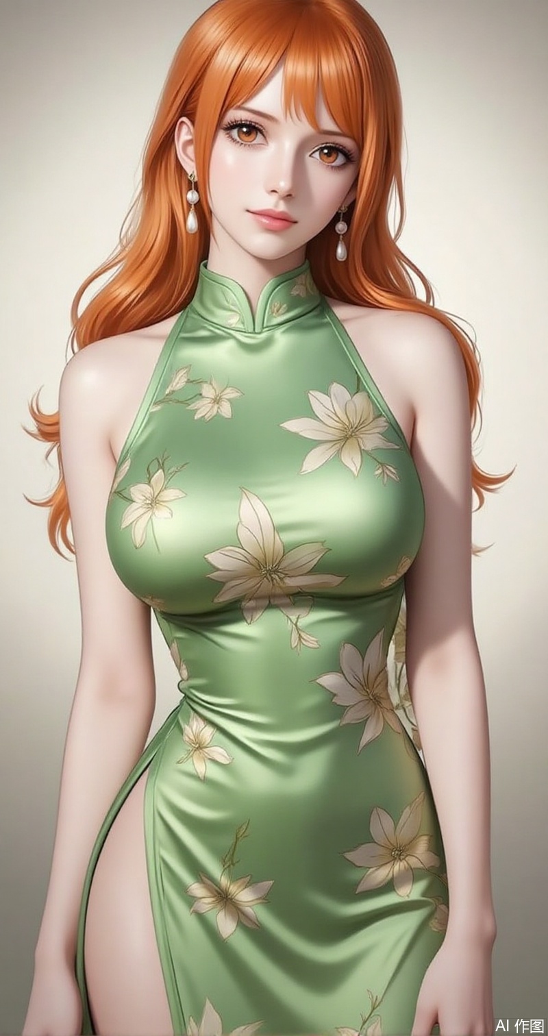 nvdi,lvjing,lvjing,nami
orange hair,long hair,wavy hair,orange eyes,jewelry,earrings,pearl_earrings,bang,
 1girl, solo, breasts, china dress, dress, chinese clothes, large breasts, green dress, floral print, sleeveless, from side, sleeveless dress, bare arms, bare shoulders, gradient background, side slit,19