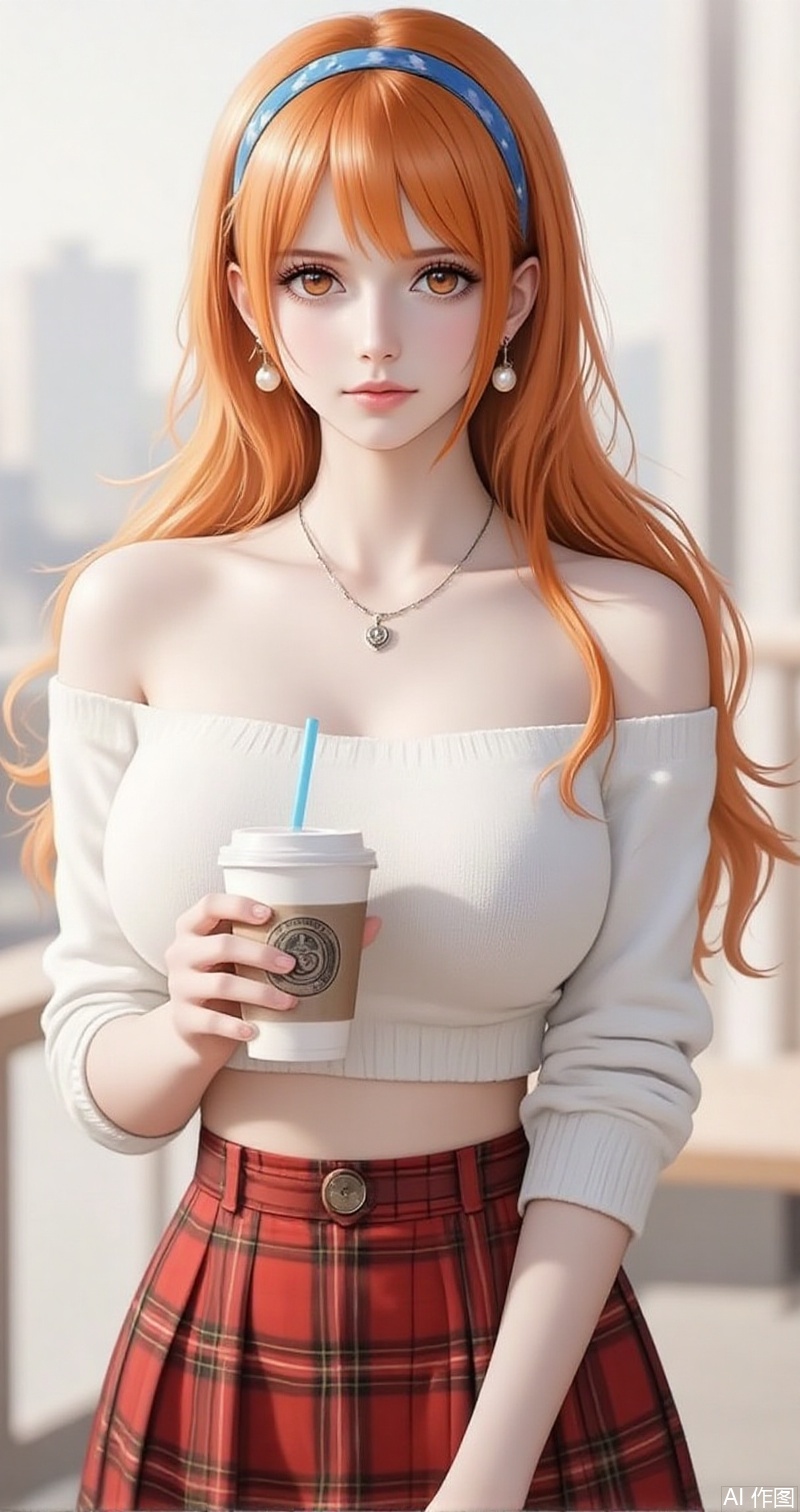nvdi,lvjing,lvjing,nami
orange hair,long hair,wavy hair,orange eyes,jewelry,earrings,pearl_earrings,bang,
 1girl,skirt,plaid skirt,realistic,solo,plaid,cup,blurry background,blurry,looking at viewer,holding,disposable cup,holding cup,hairband,sweater,necklace,crop top,blue hairband,midriff,shirt,jewelry,white sweater,off shoulder,white shirt,4,cover,simple background,gradient background,close-up details,outstanding style,adding a touch of dimension to your images without compromising details,close-up,