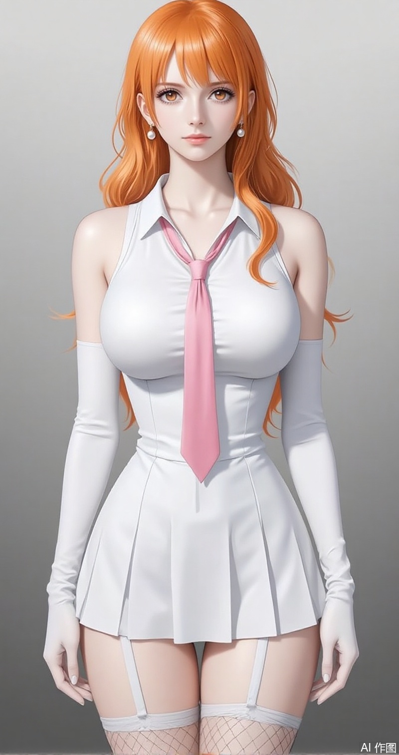 nvdi,lvjing,lvjing,nami
orange hair,long hair,wavy hair,orange eyes,jewelry,earrings,pearl_earrings,bang,
1girl, solo, gloves, thighhighs, necktie, dress, white gloves, breasts, white dress, sleeveless, garter straps, fishnet thighhighs, pink necktie, sleeveless dress, short dress, fishnets, bare shoulders, large breasts, white thighhighs, collared dress, zettai ryouiki, standing, arms at sides, gradient background, simple background, pleated dress,21