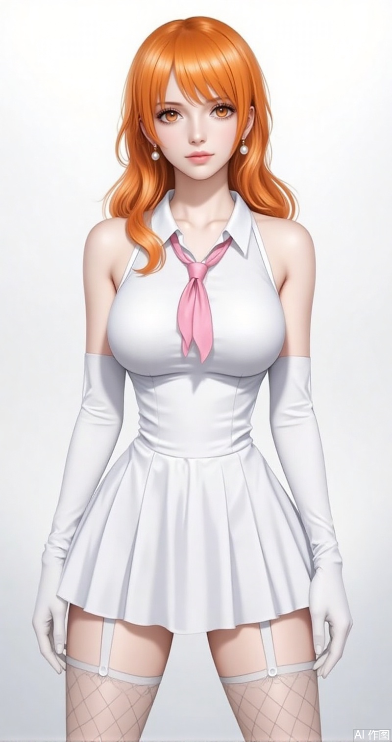 nvdi,lvjing,lvjing,nami
orange hair,long hair,wavy hair,orange eyes,jewelry,earrings,pearl_earrings,bang,
1girl, solo, gloves, thighhighs, necktie, dress, white gloves, breasts, white dress, sleeveless, garter straps, fishnet thighhighs, pink necktie, sleeveless dress, short dress, fishnets, bare shoulders, large breasts, white thighhighs, collared dress, zettai ryouiki, standing, arms at sides, gradient background, simple background, pleated dress,21