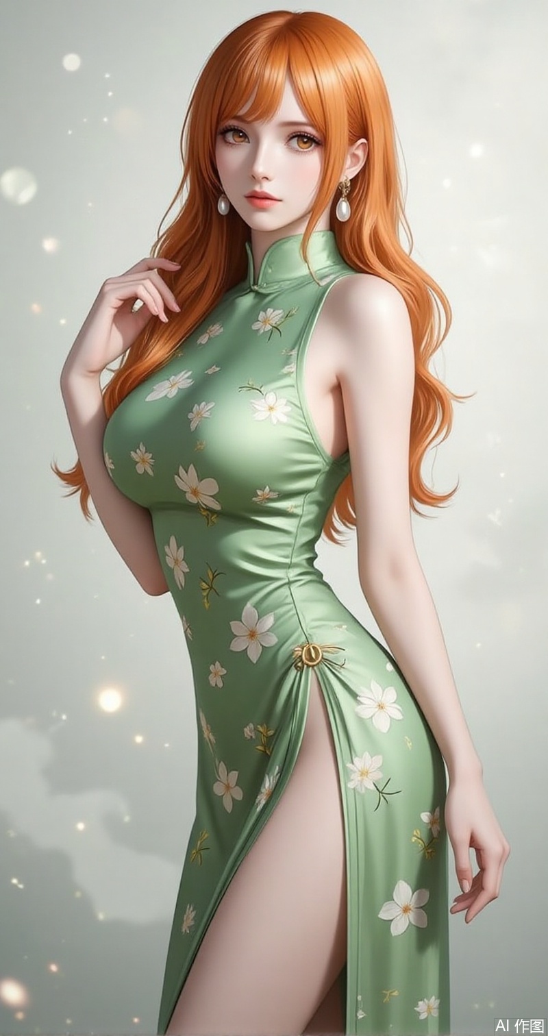 nvdi,lvjing,lvjing,nami
orange hair,long hair,wavy hair,orange eyes,jewelry,earrings,pearl_earrings,bang,
 1girl, solo, breasts, china dress, dress, chinese clothes, large breasts, green dress, floral print, sleeveless, from side, sleeveless dress, bare arms, bare shoulders, gradient background, side slit,19