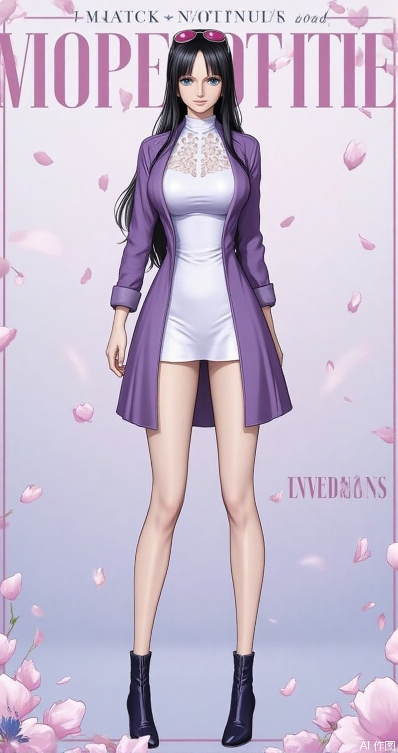 nvdi,lvjing,lvjing,luobin,
black hair,long hair,blue eyes,nico robin,1girl,eyewear on head,solo,sunglasses,black hair,long hair,character name,high heels,dress,smile,full body,petals,coat,breasts,boots,short dress,purple coat,looking at viewer,high heel boots,long sleeves,white dress,standing,12,cover,simple background,gradient background,close-up details,outstanding style,adding a touch of dimension to your images without compromising details,close-up,