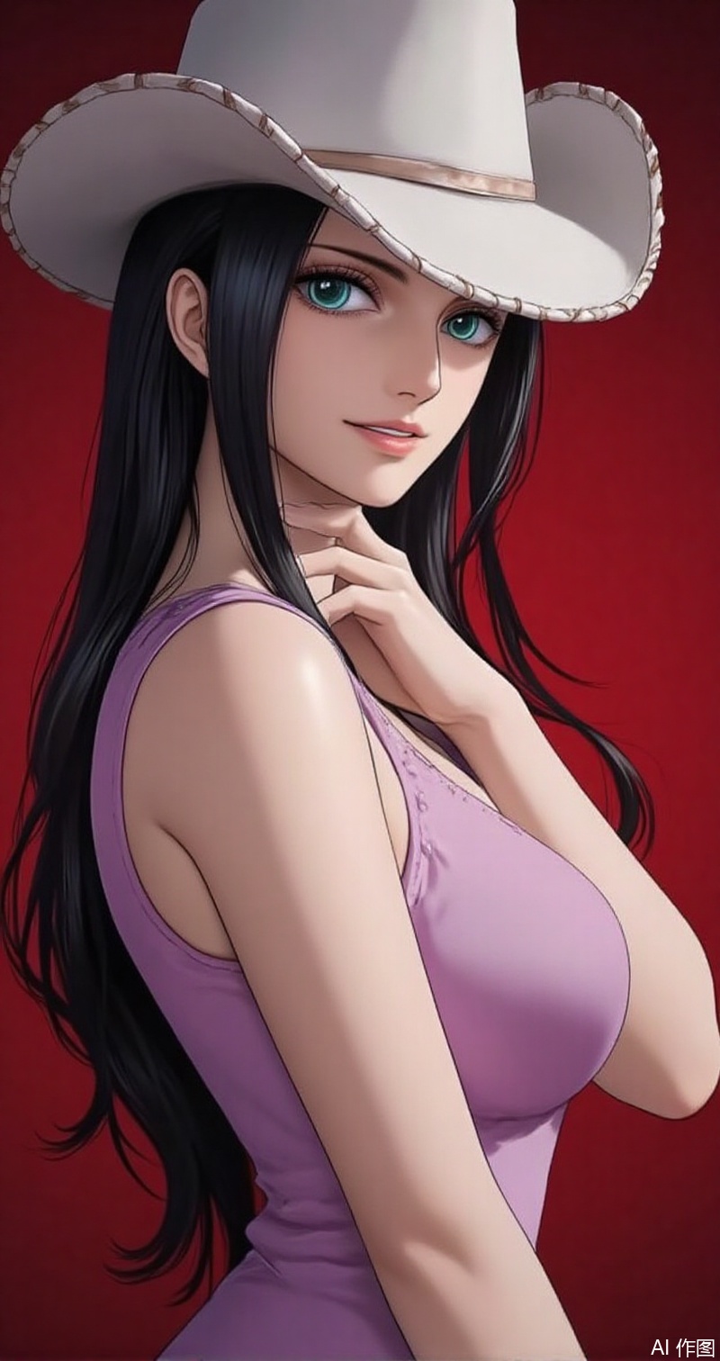 nvdi,lvjing,lvjing,luobin,
,black hair,long hair,blue eyes, nico robin,solo,black hair,hat,smile,1girl,looking at viewer,cowboy hat,simple background,red background,looking back,blue eyes,green eyes,1, cover,simple background,gradient background,close-up details,outstanding style,adding a touch of dimension to your images without compromising details,close-up,