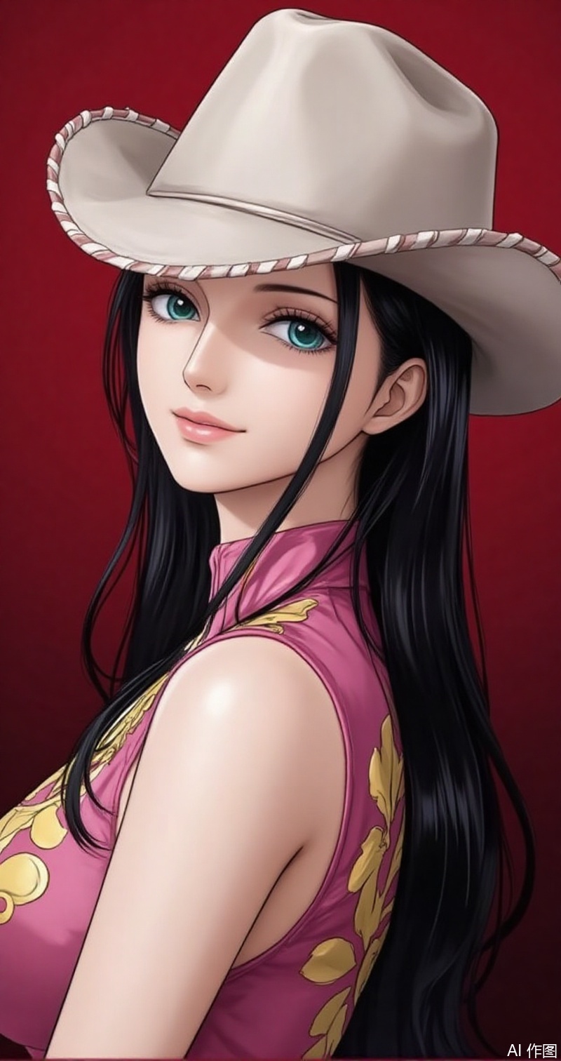 nvdi,lvjing,lvjing,luobin,
black hair,long hair,blue eyes,nico robin, hat,smile,1girl,looking at viewer,cowboy hat,simple background,red background,looking back,blue eyes,green eyes,1, cover,simple background,gradient background,close-up details,outstanding style,adding a touch of dimension to your images without compromising details,close-up,