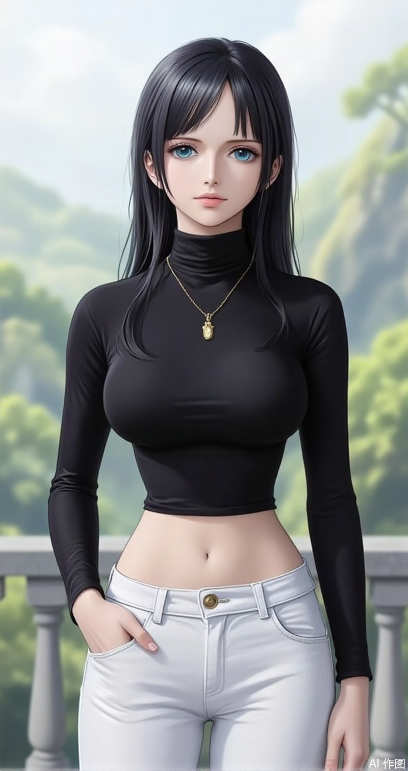 nvdi,lvjing,lvjing,luobin,
black hair,long hair,blue eyes,nico robin,1girl, breasts, navel, solo, pants, midriff, crop top, jewelry, necklace, large breasts, long sleeves, black shirt, white pants, shirt, hand in pocket, taut clothes, taut shirt, turtleneck, blurry background, blurry, outdoors, railing, cowboy shot, standing, stomach, short hair, tight clothes, pendant,33