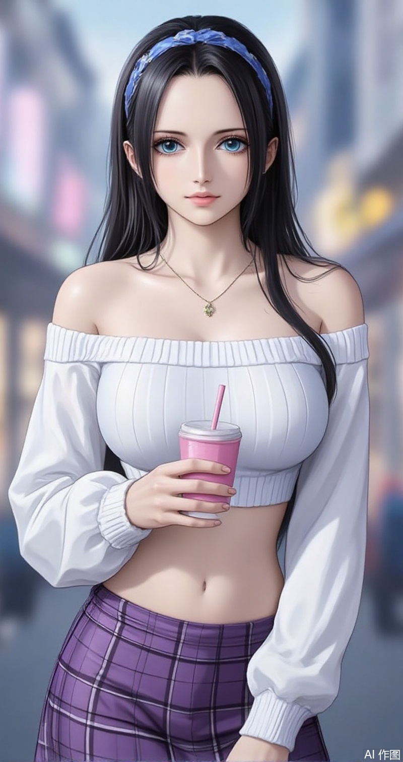 nvdi,lvjing,lvjing,luobin,
black hair,long hair,blue eyes,nico robin,1girl,skirt,plaid skirt,realistic,solo,plaid,cup,blurry background,blurry,looking at viewer,holding,disposable cup,holding cup,hairband,sweater,necklace,crop top,blue hairband,midriff,shirt,jewelry,white sweater,off shoulder,white shirt,4,cover,simple background,gradient background,close-up details,outstanding style,adding a touch of dimension to your images without compromising details,close-up,