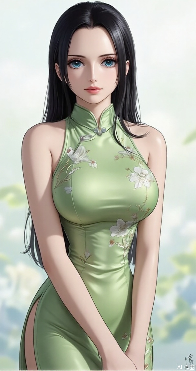 nvdi,lvjing,lvjing,luobin,
black hair,long hair,blue eyes,nico robin, 1girl, solo, breasts, china dress, dress, chinese clothes, large breasts, green dress, floral print, sleeveless, from side, sleeveless dress, bare arms, bare shoulders, gradient background, side slit,19