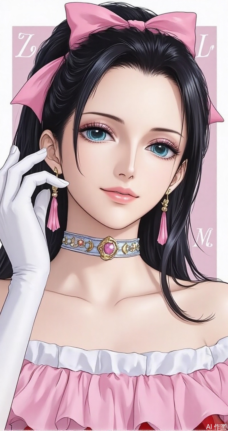 nvdi,lvjing,lvjing,luobin,
black hair,long hair,blue eyes,nico robin, 1girl,one eye closed,solo,gloves,smile,dress,jewelry,white gloves,eyelashes,watermark,choker,earrings,beads,closed mouth,bare shoulders,collarbone,hand up,bow,;\),off shoulder,hair bow,pink dress,red dress,pink bow,2,