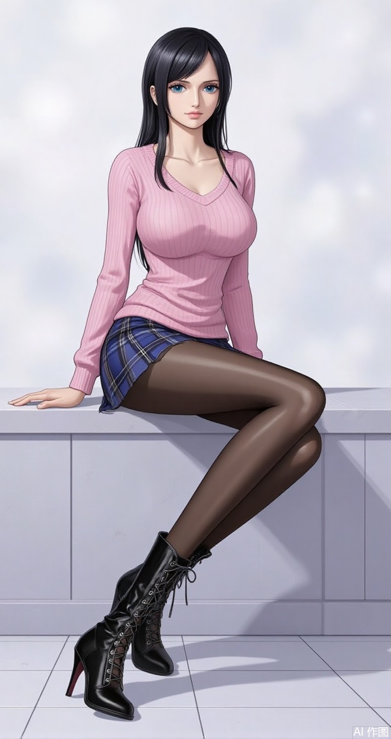 nvdi,lvjing,lvjing,luobin,
black hair,long hair,blue eyes,nico robin, 1girl, breasts, pantyhose, solo, boots, skirt, large breasts, sitting, black footwear, high heels, plaid skirt, plaid, high heel boots, collarbone, long sleeves, sweater, cross-laced footwear, full body, taut clothes, brown pantyhose, pink sweater, black pantyhose, miniskirt, black skirt, lace-up boots, arm support, thighs, tiles, pink shirt, high-waist skirt, sidelocks, blue skirt, legs,28