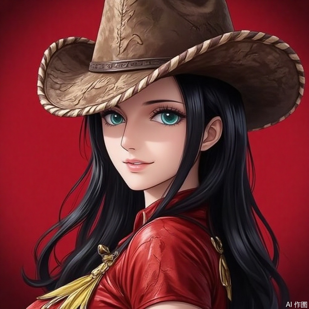 nvdi,lvjing,lvjing,luobin,
black hair,long hair,blue eyes,nico robin, hat,smile,1girl,looking at viewer,cowboy hat,simple background,red background,looking back,blue eyes,green eyes,1, cover,simple background,gradient background,close-up details,outstanding style,adding a touch of dimension to your images without compromising details,close-up,
