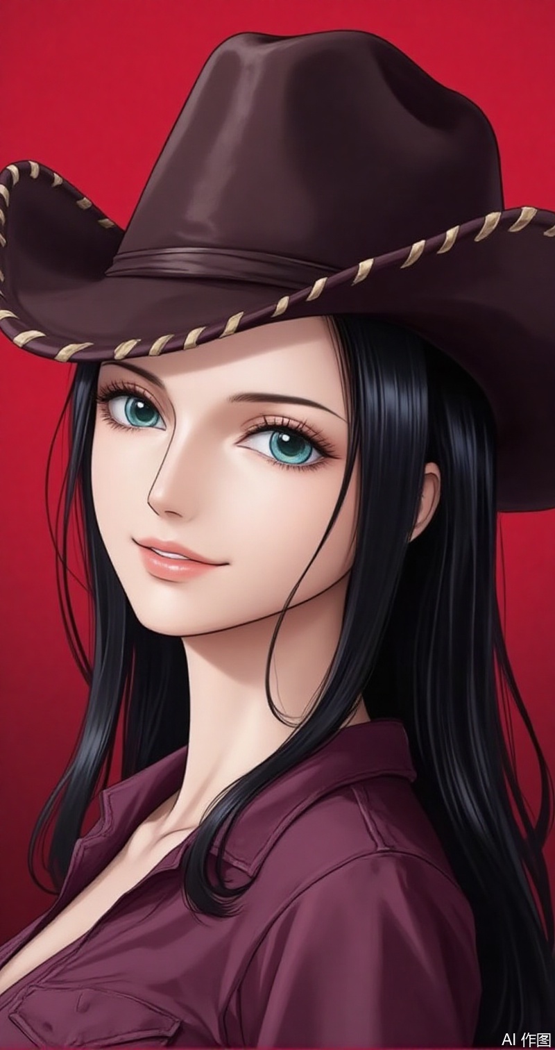 nvdi,lvjing,lvjing,luobin,
black hair,long hair,blue eyes,nico robin, hat,smile,1girl,looking at viewer,cowboy hat,simple background,red background,looking back,blue eyes,green eyes,1, cover,simple background,gradient background,close-up details,outstanding style,adding a touch of dimension to your images without compromising details,close-up,
