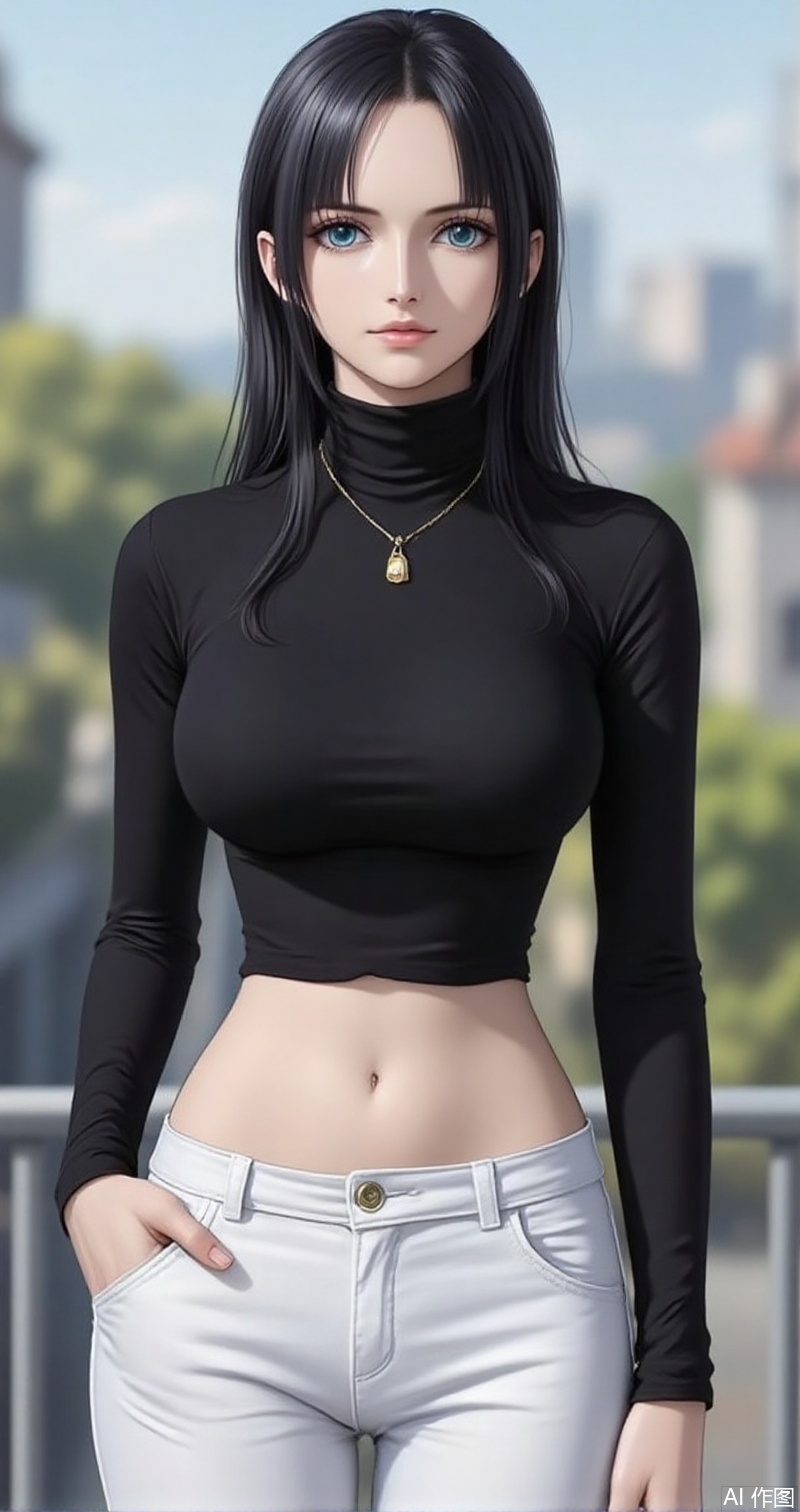 nvdi,lvjing,lvjing,luobin,
black hair,long hair,blue eyes,nico robin,1girl, breasts, navel, solo, pants, midriff, crop top, jewelry, necklace, large breasts, long sleeves, black shirt, white pants, shirt, hand in pocket, taut clothes, taut shirt, turtleneck, blurry background, blurry, outdoors, railing, cowboy shot, standing, stomach, short hair, tight clothes, pendant,33
