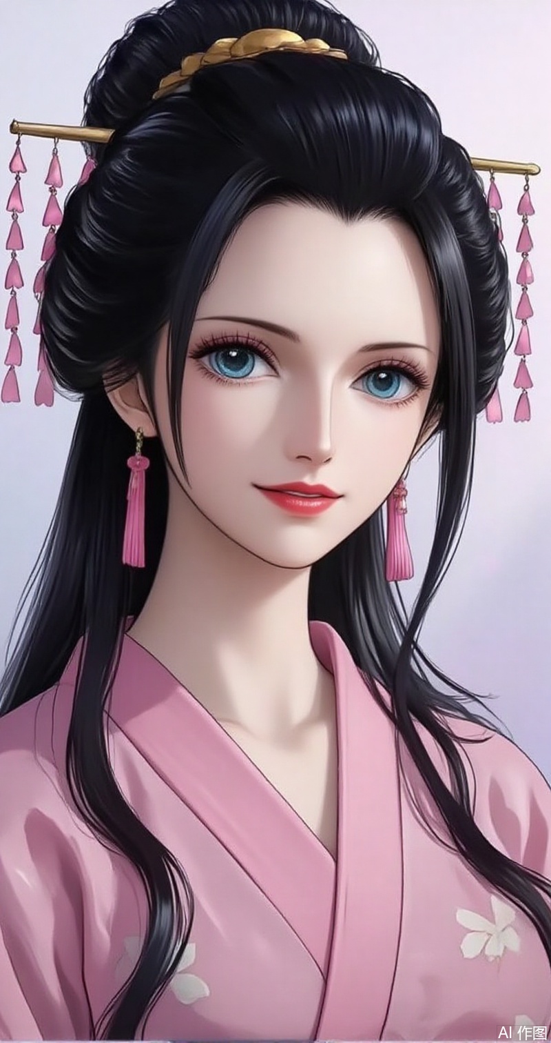nvdi,lvjing,lvjing,luobin,
black hair,long hair,blue eyes, nico robin,1girl,black hair,solo,blue eyes,nico robin,japanese clothes,hair stick,kimono,hair ornament,makeup,lipstick,looking at viewer,red lips,portrait,eyelashes,smile,25, cover,simple background,gradient background,close-up details,outstanding style,adding a touch of dimension to your images without compromising details,close-up,