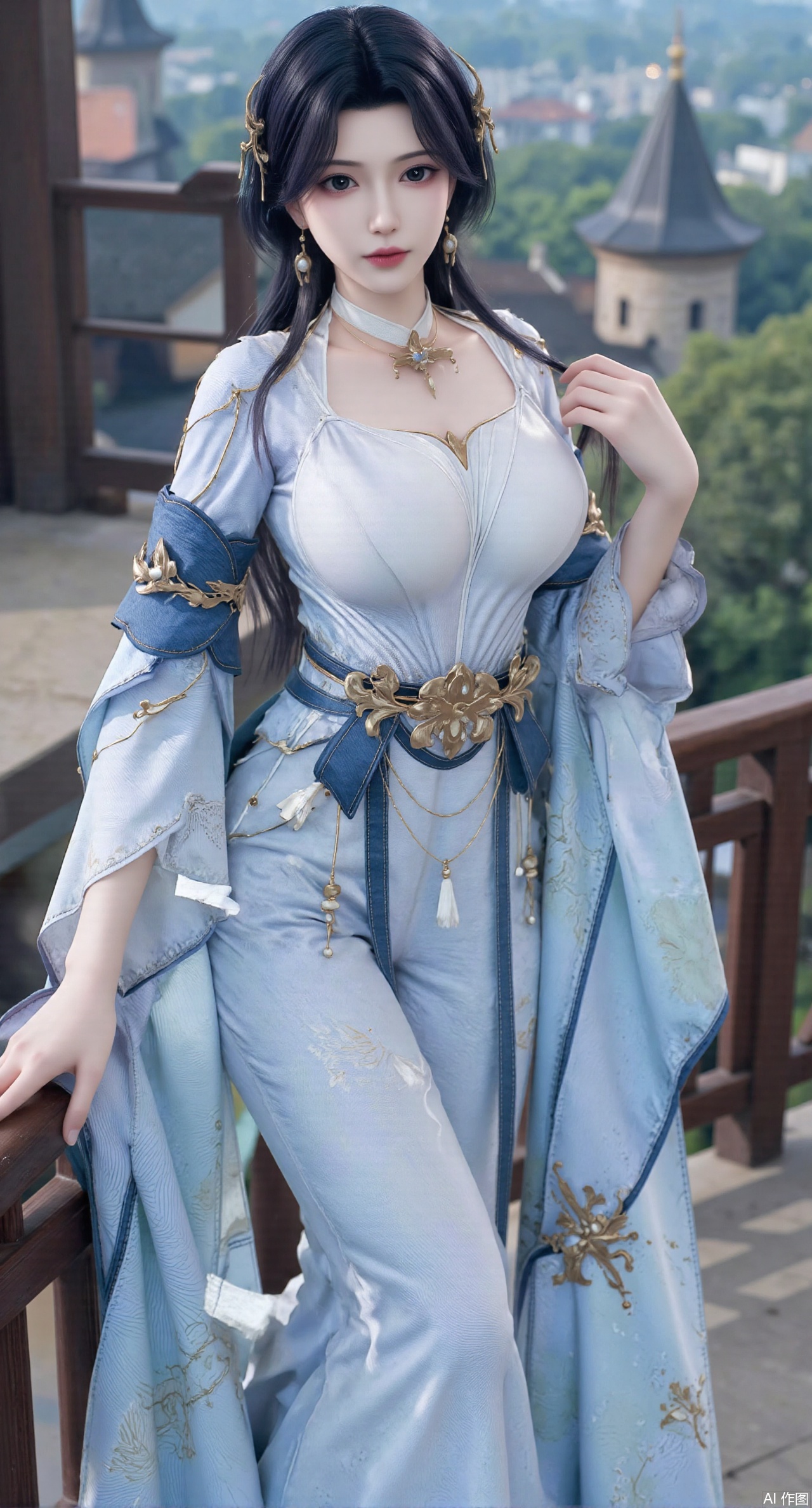 SFW,(masterpiece, top quality, best quality, official art, beautiful and aesthetic:1.2),Realistic,long dress,(Traditional Asian-inspired attire with a vibrant floral accessory and intricate hair ornament),realistic,hanfu photography,hanfu,1girl,fair_skin,glamor,very long hair,absurdres,incredibly absurdres,wallpaper,artbook,chinese_style_loft,turret,tower,handrail,plant,wisteria,spider_lily,face_focus,dynamic_angle,depth of field,looking_at_viewer,(huge breasts:2.99),(full breasts:2.99),(Hydrangea, hydrangea sea:1.59),,XyunyunXY,Xmeining,Xjiangziyue,Xweinina,Xyunxiao,Xxiaoqingxue,Xlenhuan,Xhuajin,Xgufenghuaqiang,XyouqianxueK,XzilingK,Xg36qipaoCOS,Xxiuhefu,Xqianmu,Xchuchu