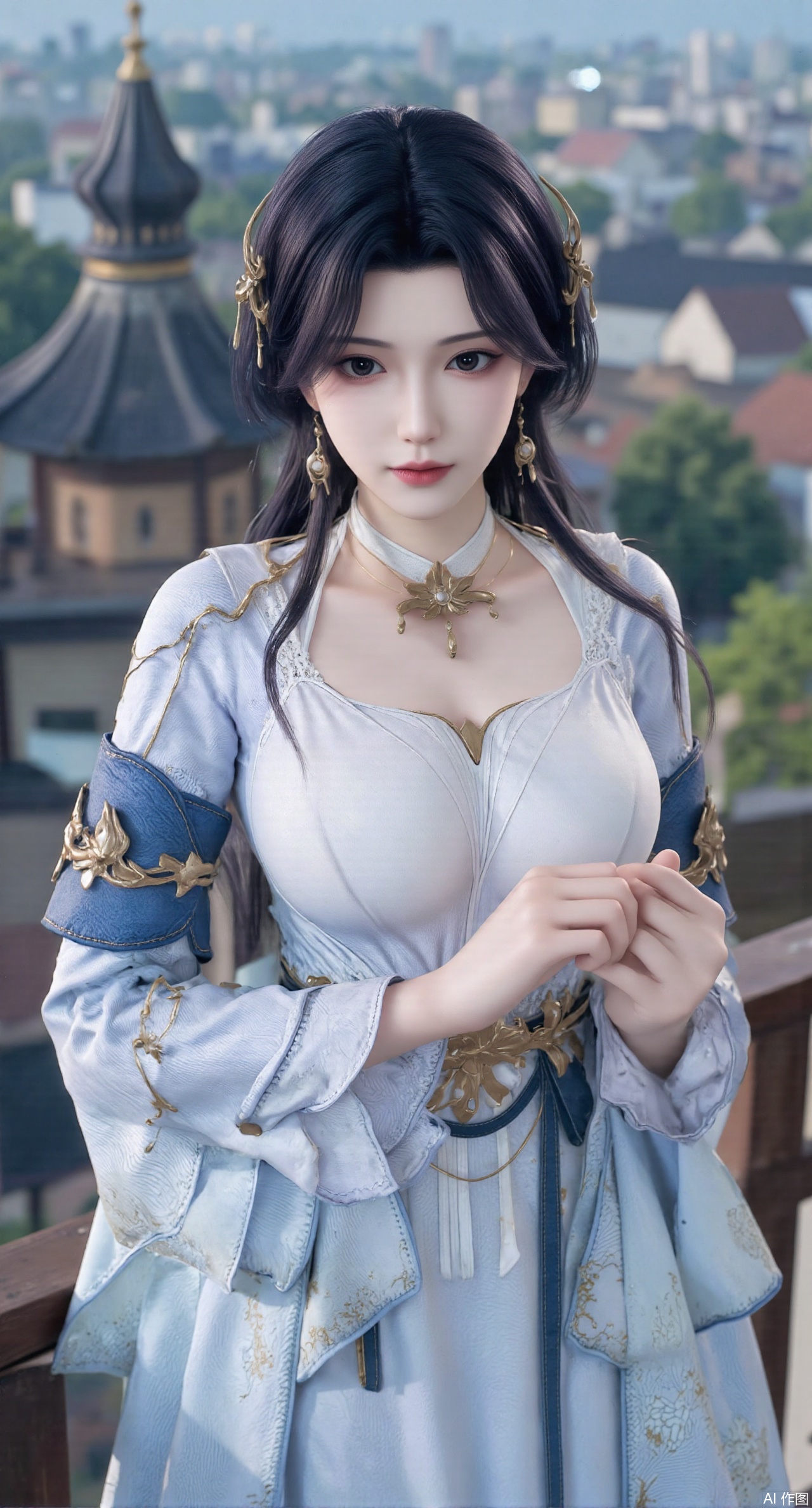 SFW,(masterpiece, top quality, best quality, official art, beautiful and aesthetic:1.2),Realistic,long dress,(Traditional Asian-inspired attire with a vibrant floral accessory and intricate hair ornament),realistic,hanfu photography,hanfu,1girl,fair_skin,glamor,very long hair,absurdres,incredibly absurdres,wallpaper,artbook,chinese_style_loft,turret,tower,handrail,plant,wisteria,spider_lily,face_focus,dynamic_angle,depth of field,looking_at_viewer,(huge breasts:2.99),(full breasts:2.99),(Hydrangea, hydrangea sea:1.59),,XyunyunXY,Xmeining,Xjiangziyue,Xweinina,Xyunxiao,Xxiaoqingxue,Xlenhuan,Xhuajin,Xgufenghuaqiang,XyouqianxueK,XzilingK,Xg36qipaoCOS,Xxiuhefu,Xqianmu,Xchuchu