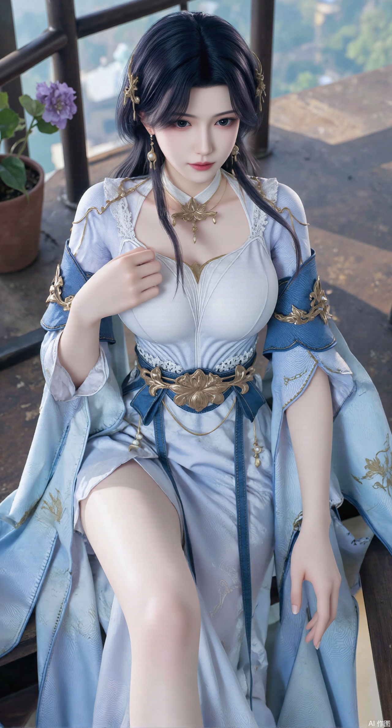 SFW,(masterpiece, top quality, best quality, official art, beautiful and aesthetic:1.2),Realistic,long dress,(Traditional Asian-inspired attire with a vibrant floral accessory and intricate hair ornament),realistic,hanfu photography,hanfu,1girl,fair_skin,glamor,very long hair,absurdres,incredibly absurdres,wallpaper,artbook,chinese_style_loft,turret,tower,handrail,plant,wisteria,spider_lily,face_focus,dynamic_angle,depth of field,looking_at_viewer,(huge breasts:2.99),(full breasts:2.99),(Hydrangea, hydrangea sea:1.59),,XyunyunXY,Xmeining,Xjiangziyue,Xweinina,Xyunxiao,Xxiaoqingxue,Xlenhuan,Xhuajin,Xgufenghuaqiang,XyouqianxueK,XzilingK,Xg36qipaoCOS,Xxiuhefu,Xqianmu,Xchuchu