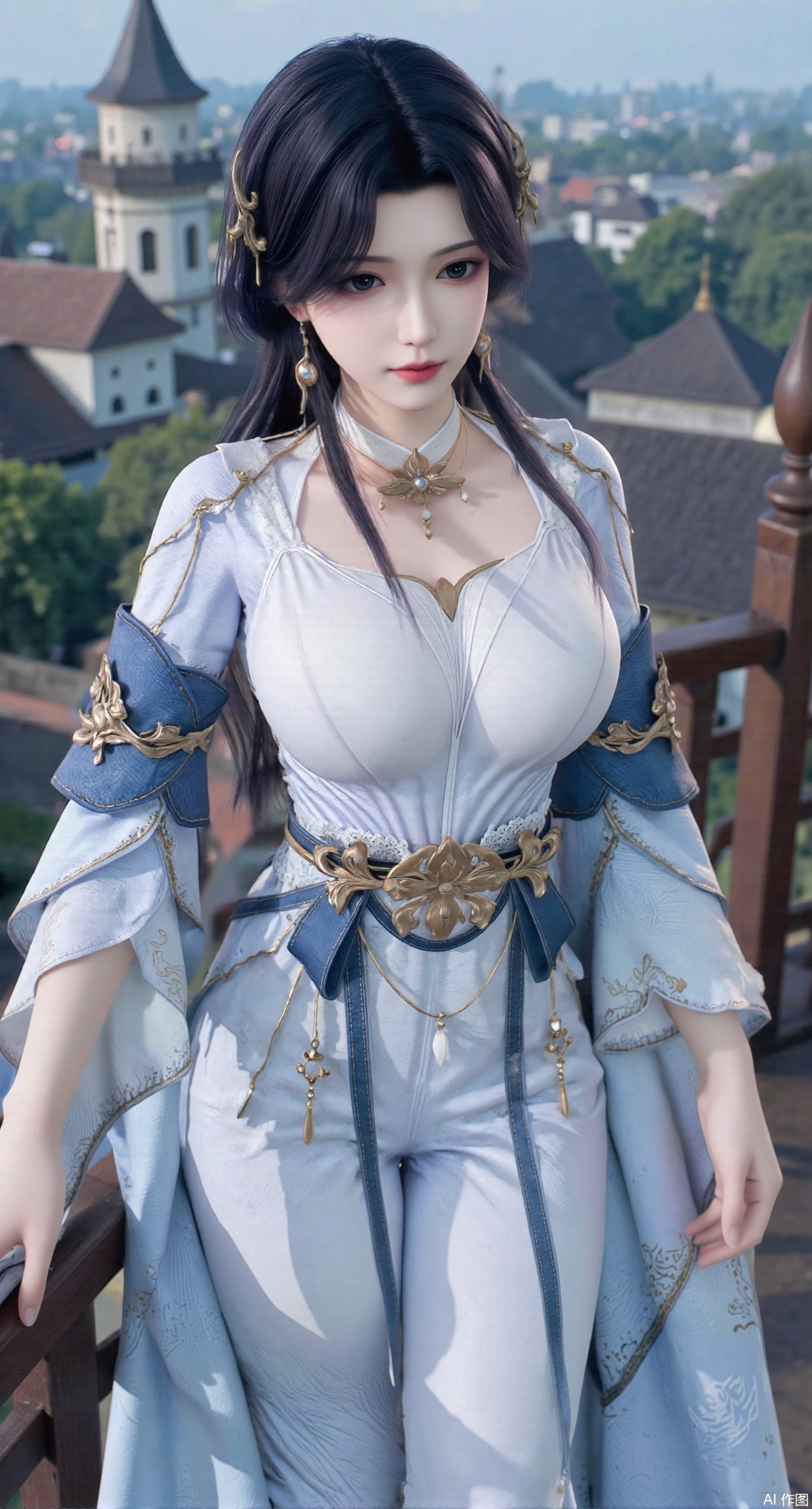 SFW,(masterpiece, top quality, best quality, official art, beautiful and aesthetic:1.2),Realistic,long dress,(Traditional Asian-inspired attire with a vibrant floral accessory and intricate hair ornament),realistic,hanfu photography,hanfu,1girl,fair_skin,glamor,very long hair,absurdres,incredibly absurdres,wallpaper,artbook,chinese_style_loft,turret,tower,handrail,plant,wisteria,spider_lily,face_focus,dynamic_angle,depth of field,looking_at_viewer,(huge breasts:2.99),(full breasts:2.99),(Hydrangea, hydrangea sea:1.59),,XyunyunXY,Xmeining,Xjiangziyue,Xweinina,Xyunxiao,Xxiaoqingxue,Xlenhuan,Xhuajin,Xgufenghuaqiang,XyouqianxueK,XzilingK,Xg36qipaoCOS,Xxiuhefu,Xqianmu,Xchuchu