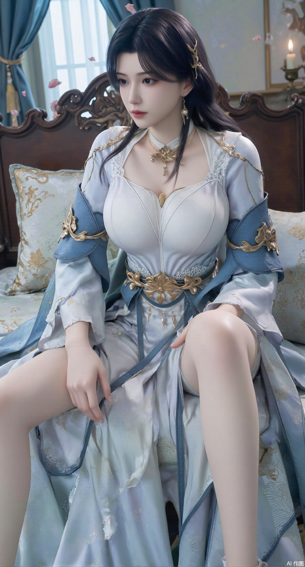 (masterpiece, best quality:1.2),Ancient Chinese boudoir scene, Hanfu dress ,sitting sideways on an intricately carved wooden bed, soft natural light filtering through sheer silk curtains, satin bedding with delicate sheen, detailed traditional Chinese Gongbi painting style, subtle celadon color palette, background featuring vintage dressing table and embroidered screen, falling plum blossom petals near window and wispy smoke from bronze incense burner, 8K resolution with intricate fabric draping and wood grain textures,,(huge breasts:2.99),(full breasts:2.99),XyunyunXY,Xmeining,Xjiangziyue,Xweinina,Xyunxiao,Xxiaoqingxue,Xlenhuan