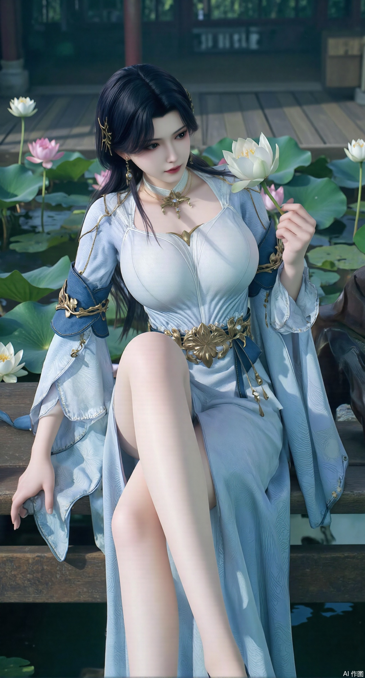  (masterpiece:1.2),best quality,The image is a digital illustration of a young woman sitting on a wooden bench in a pond with lily pads. She is wearing a long dress with design on the chest and sleeves. The dress has a high neckline and short sleeves,Holding a lotus in hand. She has long dark hair styled in loose waves and is wearing gold high heels. The woman is posing with one hand on her hip and the other resting on the edge of the bench. The background is filled with pink and white lotus flowers and green leaves. The overall mood of the image is peaceful and serene,(huge breasts:2.99),(full breasts:2.99),(Background with traditional Chinese architecture,Pond, water lilies:1.39),,XzhihuaX,Xleidianjiangjun,Xyuenanaodai,XmeiningSMW,XhaiyuejiCosplay,Xyoulingniang,XbachongshenziCOS,XjiaodaiqunDHL,Xshuilian,Xhujiaoer,XshanhugongxinhaiCOS,XshengcaierX2,Xxiuhefu,Xsiyudan,XjiangchenY,XyouqianxueK,Xxueliu