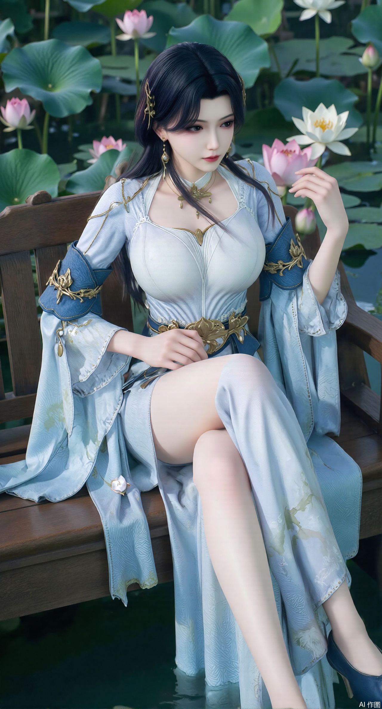 (masterpiece:1.2),best quality,The image is a digital illustration of a young woman sitting on a wooden bench in a pond with lily pads. She is wearing a long dress with design on the chest and sleeves. The dress has a high neckline and short sleeves,Holding a lotus in hand. She has long dark hair styled in loose waves and is wearing gold high heels. The woman is posing with one hand on her hip and the other resting on the edge of the bench. The background is filled with pink and white lotus flowers and green leaves. The overall mood of the image is peaceful and serene,(huge breasts:2.99),(full breasts:2.99),(Background with traditional Chinese architecture,Pond, water lilies:1.39),XzhihuaX,Xleidianjiangjun,Xyuenanaodai,XmeiningSMW,XhaiyuejiCosplay,Xyoulingniang,XbachongshenziCOS,XjiaodaiqunDHL,Xshuilian,Xhujiaoer,XshanhugongxinhaiCOS,XshengcaierX2,Xxiuhefu,Xsiyudan,XjiangchenY,XyouqianxueK,Xxueliu
