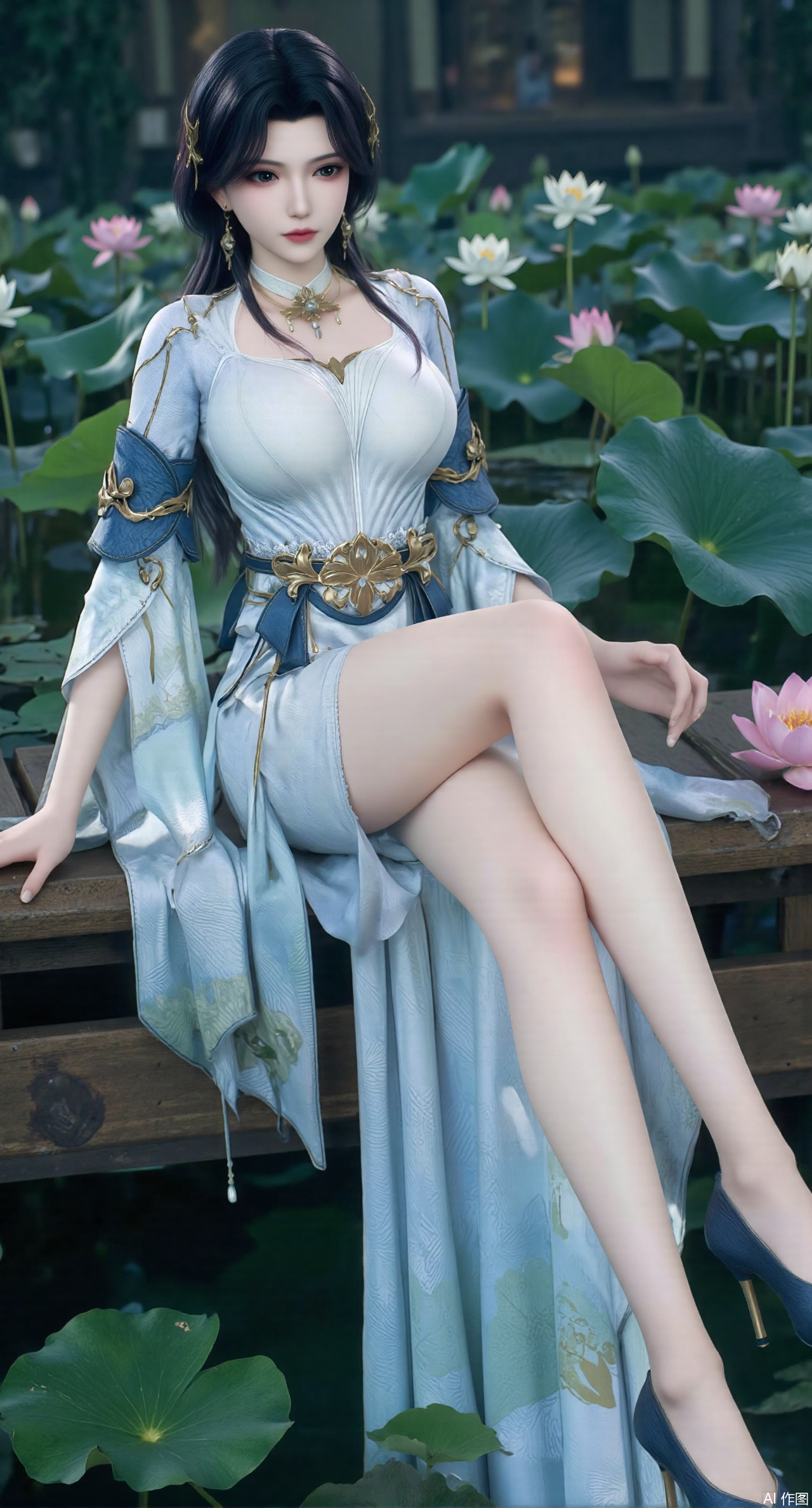  (masterpiece:1.2),best quality,The image is a digital illustration of a young woman sitting on a wooden bench in a pond with lily pads. She is wearing a long dress with design on the chest and sleeves. The dress has a high neckline and short sleeves,Holding a lotus in hand. She has long dark hair styled in loose waves and is wearing gold high heels. The woman is posing with one hand on her hip and the other resting on the edge of the bench. The background is filled with pink and white lotus flowers and green leaves. The overall mood of the image is peaceful and serene,(huge breasts:2.99),(full breasts:2.99),(Background with traditional Chinese architecture,Pond, water lilies:1.39),,XzhihuaX,Xleidianjiangjun,Xyuenanaodai,XmeiningSMW,XhaiyuejiCosplay,Xyoulingniang,XbachongshenziCOS,XjiaodaiqunDHL,Xshuilian,Xhujiaoer,XshanhugongxinhaiCOS,XshengcaierX2,Xxiuhefu,Xsiyudan,XjiangchenY,XyouqianxueK,Xxueliu