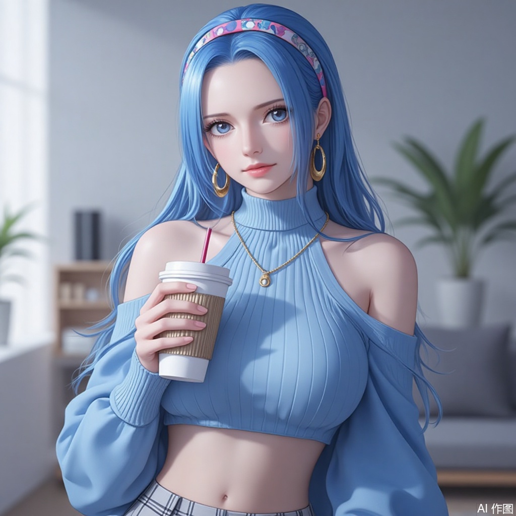 nvdi,lvjing,lvjing,vivi,
blue hair,long hair,blue eyes,fair_skin,jewelry,earrings,earrings,jewelry, 1girl,solo,jewelry,navel,looking at viewer,sweater,holding,cup,necklace,holding cup,earrings,midriff,disposable cup,bare shoulders,hairband,off shoulder,crop top,skirt,plaid,blue sweater,plaid skirt,long sleeves,closed mouth,indoors,blurry background,breasts,shirt,blurry,turtleneck,simple background,gradient background,close-up details,outstanding style,adding a touch of dimension to your images without compromising details,close-up,