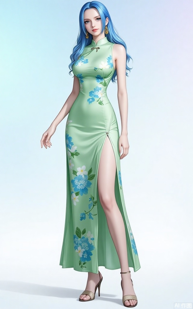 nvdi,lvjing,lvjing,vivi,
blue hair,long hair,blue eyes,fair_skin,jewelry,earrings,earrings,jewelry,1girl, solo, breasts, china dress, dress, chinese clothes, large breasts, green dress, floral print, sleeveless, from side, sleeveless dress, bare arms, bare shoulders, gradient background, side slit,19