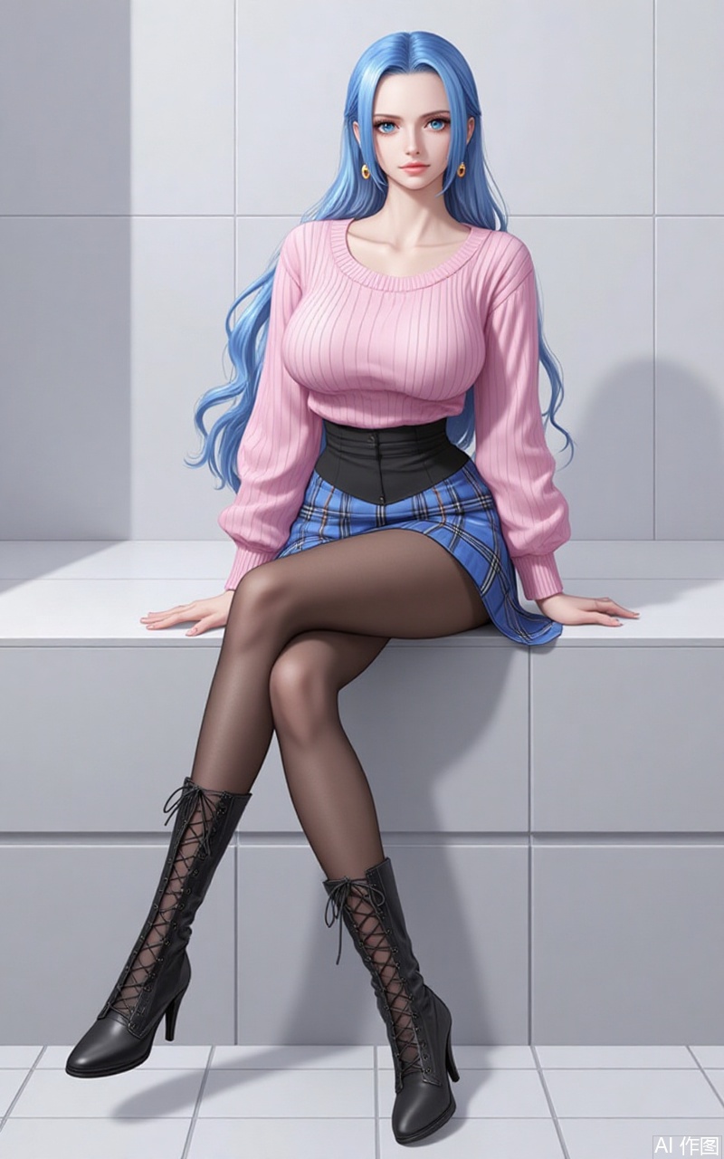 nvdi,lvjing,lvjing,vivi,
blue hair,long hair,blue eyes,fair_skin,jewelry,earrings,earrings,jewelry,1girl, breasts, pantyhose, solo, boots, skirt, large breasts, sitting, black footwear, high heels, plaid skirt, plaid, high heel boots, collarbone, long sleeves, sweater, cross-laced footwear, full body, taut clothes, brown pantyhose, pink sweater, black pantyhose, miniskirt, black skirt, lace-up boots, arm support, thighs, tiles, pink shirt, high-waist skirt, sidelocks, blue skirt, legs,28