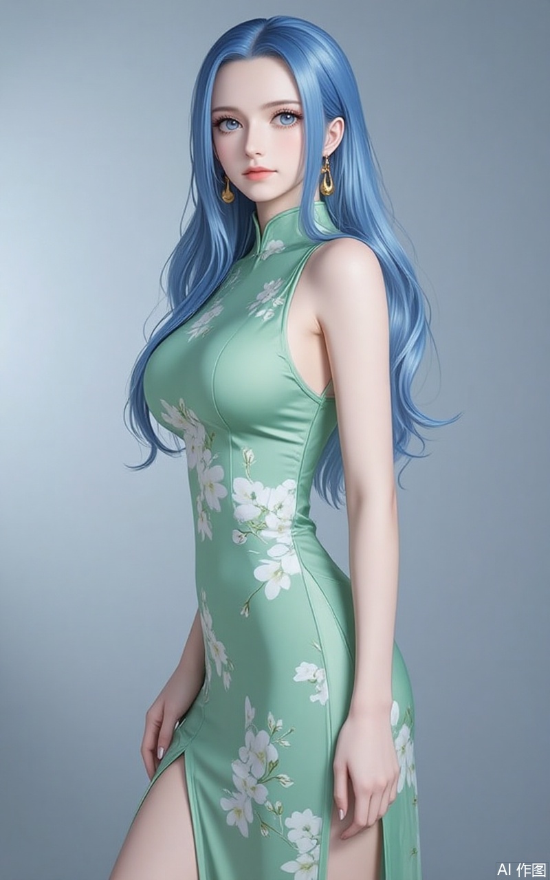 nvdi,lvjing,lvjing,vivi,
blue hair,long hair,blue eyes,fair_skin,jewelry,earrings,earrings,jewelry,1girl, solo, breasts, china dress, dress, chinese clothes, large breasts, green dress, floral print, sleeveless, from side, sleeveless dress, bare arms, bare shoulders, gradient background, side slit,19