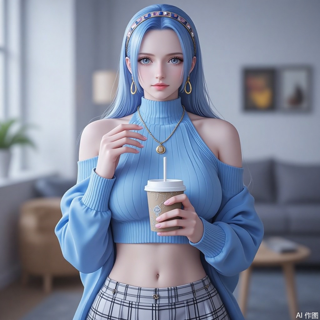 nvdi,lvjing,lvjing,vivi,
blue hair,long hair,blue eyes,fair_skin,jewelry,earrings,earrings,jewelry, 1girl,solo,jewelry,navel,looking at viewer,sweater,holding,cup,necklace,holding cup,earrings,midriff,disposable cup,bare shoulders,hairband,off shoulder,crop top,skirt,plaid,blue sweater,plaid skirt,long sleeves,closed mouth,indoors,blurry background,breasts,shirt,blurry,turtleneck,simple background,gradient background,close-up details,outstanding style,adding a touch of dimension to your images without compromising details,close-up,