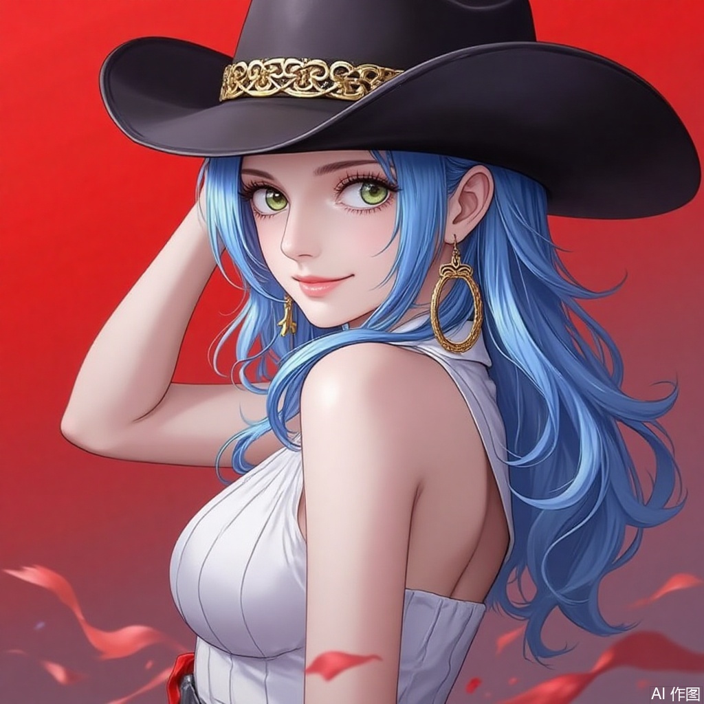 nvdi,lvjing,lvjing,vivi,
blue hair,long hair,blue eyes,fair_skin,jewelry,earrings,earrings,jewelry, hat,smile,1girl,looking at viewer,cowboy hat,simple background,red background,looking back,blue eyes,green eyes,1, cover,simple background,gradient background,close-up details,outstanding style,adding a touch of dimension to your images without compromising details,close-up,